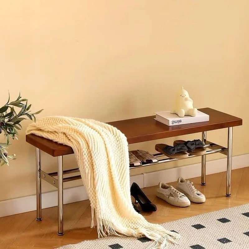 Traditional Vintage Rectangular Stainless Steel Rubberwood Bench Backless Armless For Hallway
