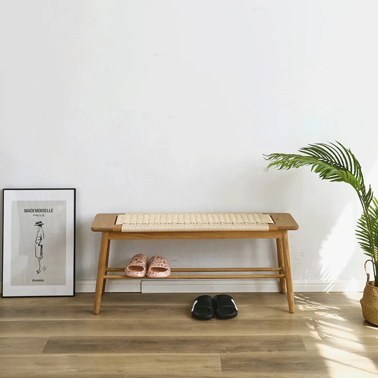 Contemporary Nordic Weaving Kraft Paper Rope Red Oak Wood Cherry Wood Rectangular Bench With 2-Tier Design For Entryway And Living Room