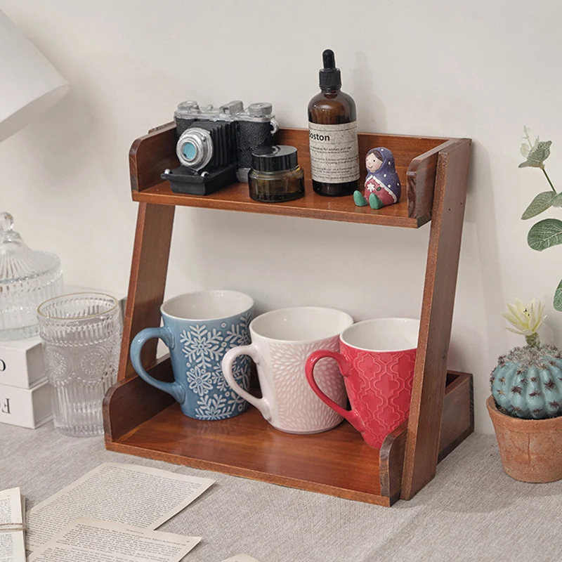 Traditional Japanese Solid Wood Z-Shaped Rectangular Bookshelf 2-Tier For Bedroom