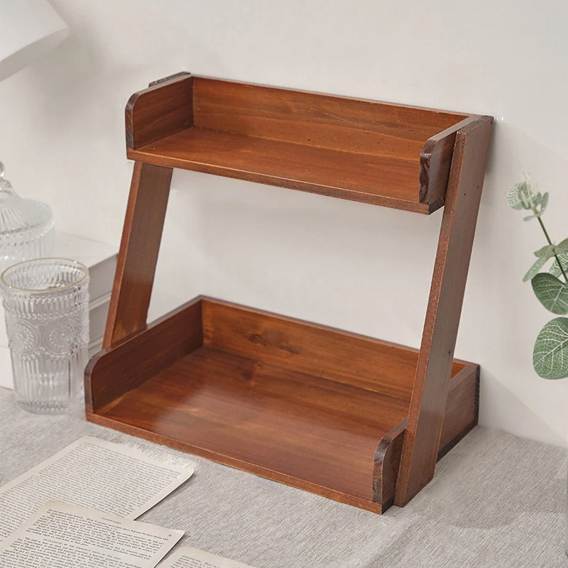 Traditional Japanese Solid Wood Z-Shaped Rectangular Bookshelf 2-Tier For Bedroom