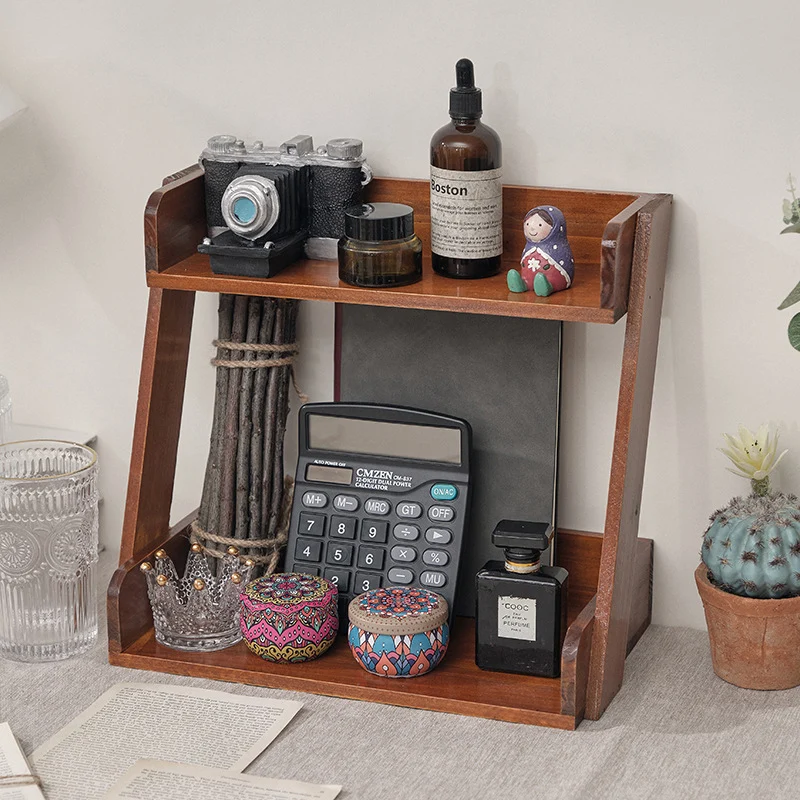 Traditional Japanese Solid Wood Z-Shaped Rectangular Bookshelf 2-Tier For Bedroom