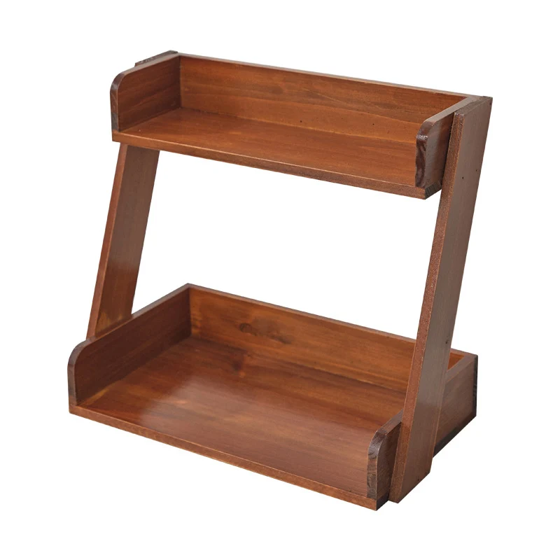 Traditional Japanese Solid Wood Z-Shaped Rectangular Bookshelf 2-Tier For Bedroom