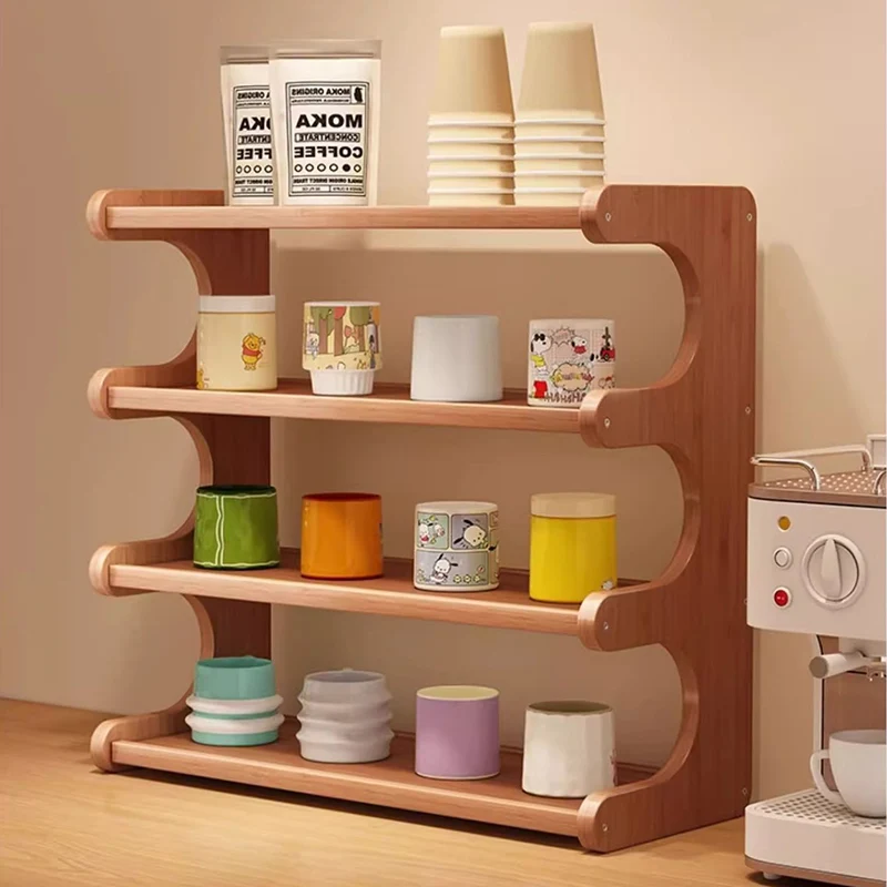 Traditional Vintage Bamboo Medium Density Fiberboard Rounded E-Shaped Storage Shelf 2/3/4-Tier For Home Office