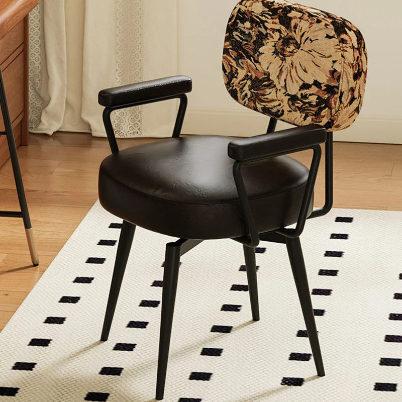 Contemporary Nordic Square Rectangular Carbon Steel Oil Wax Leather Jacquard Fabric Sunflower Pattern 360°Swivel Desk Chair Backrest Armrest For Home Office