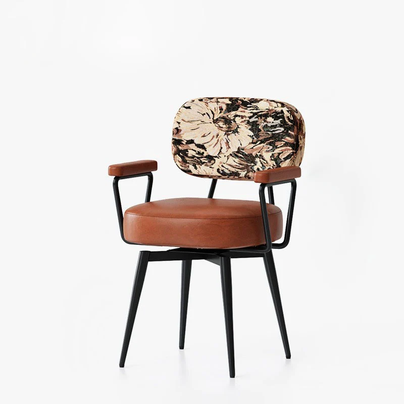 Contemporary Nordic Square Rectangular Carbon Steel Oil Wax Leather Jacquard Fabric Sunflower Pattern 360°Swivel Desk Chair Backrest Armrest For Home Office