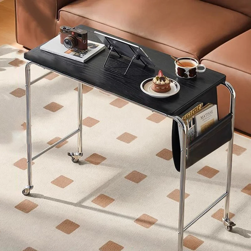 Contemporary Industrial Narrow Rectangular MDF PU Leather Stainless Steel Movable Desk 1-Tier For Home Office