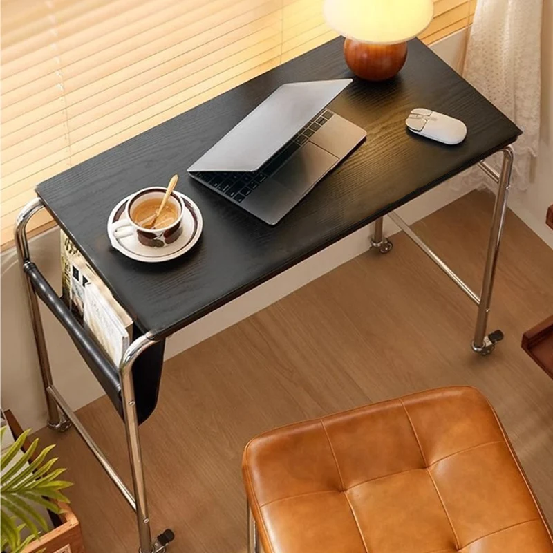 Contemporary Industrial Narrow Rectangular MDF PU Leather Stainless Steel Movable Desk 1-Tier For Home Office