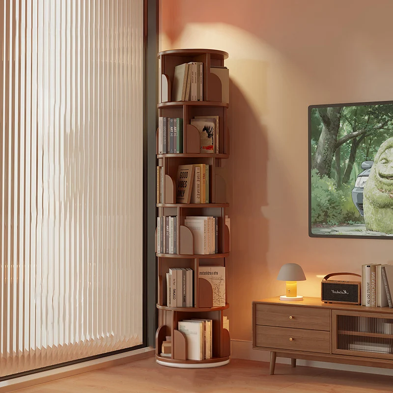 Modern Minimalist Cylindrical Bamboo Metal & MDF Rotatable Floor-Standing Bookshelf 3/4/5/6/7-Tier For Study