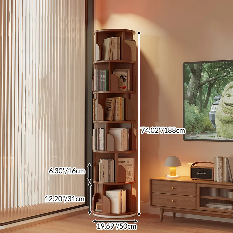 Modern Minimalist Cylindrical Bamboo Metal & MDF Rotatable Floor-Standing Bookshelf 3/4/5/6/7-Tier For Study