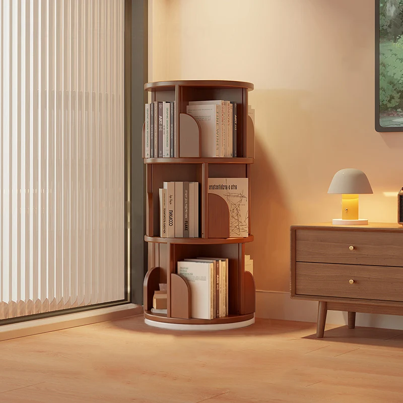 Modern Minimalist Cylindrical Bamboo Metal & MDF Rotatable Floor-Standing Bookshelf 3/4/5/6/7-Tier For Study