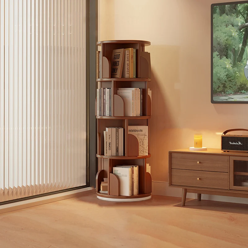 Modern Minimalist Cylindrical Bamboo Metal & MDF Rotatable Floor-Standing Bookshelf 3/4/5/6/7-Tier For Study