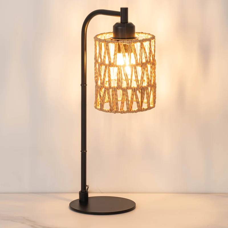 Traditional Rustic Cylindrical Iron Hemp Rope Weaving USB 1-Light Table Lamp For Study