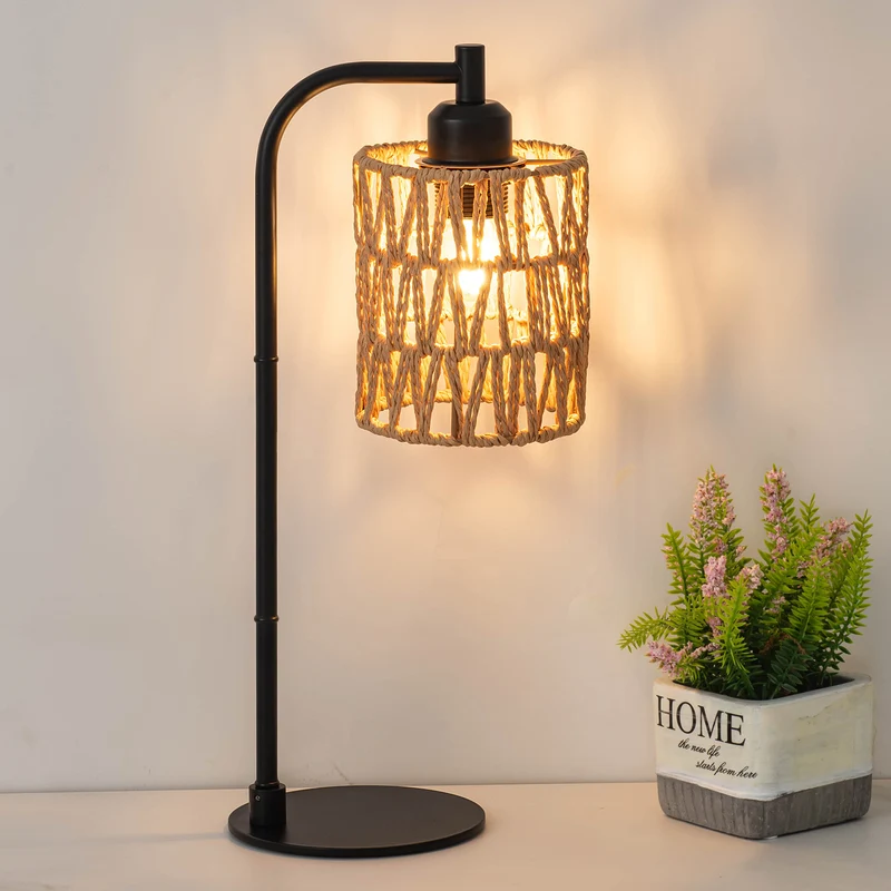 Traditional Rustic Cylindrical Iron Hemp Rope Weaving USB 1-Light Table Lamp For Study