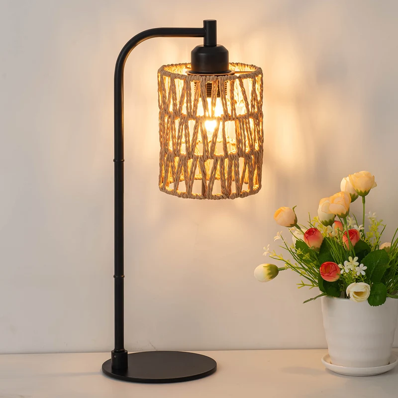Traditional Rustic Cylindrical Iron Hemp Rope Weaving USB 1-Light Table Lamp For Study