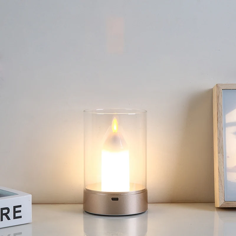 Modern Art Deco Candle Glass PVC Infrared Sensing Portable USB LED Night Light Table Lamp For Bedroom