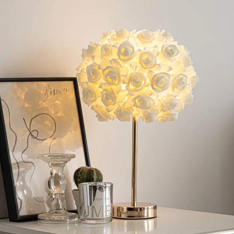 Contemporary Creative Romantic Rose Foam Iron 1-Light USB Table Lamp For Bedroom