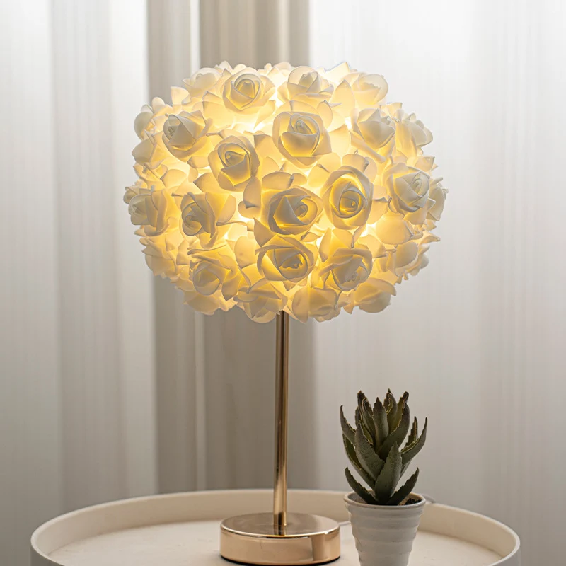 Contemporary Creative Romantic Rose Foam Iron 1-Light USB Table Lamp For Bedroom