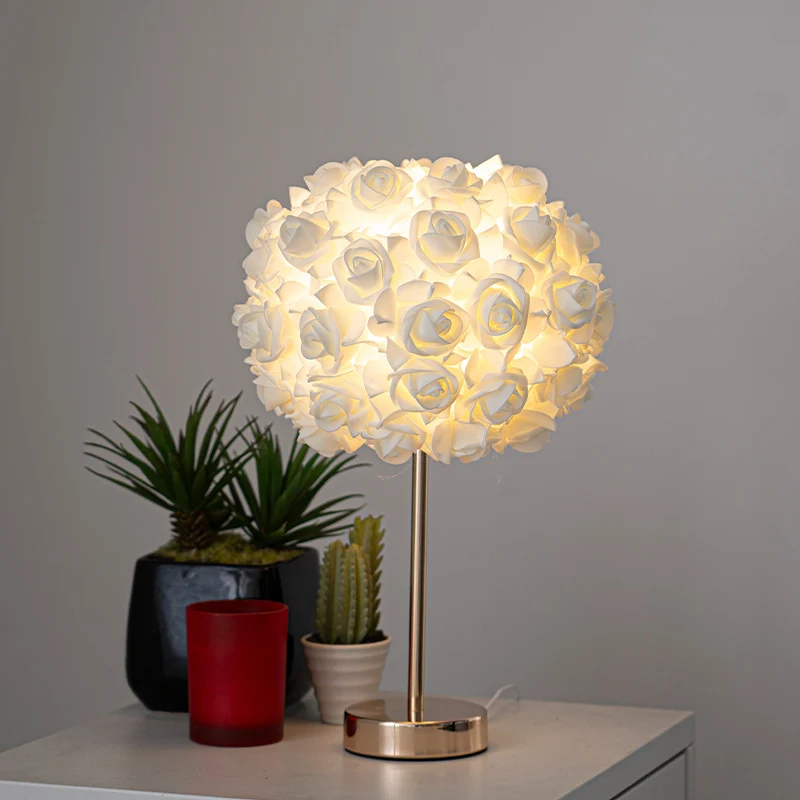 Contemporary Creative Romantic Rose Foam Iron 1-Light USB Table Lamp For Bedroom