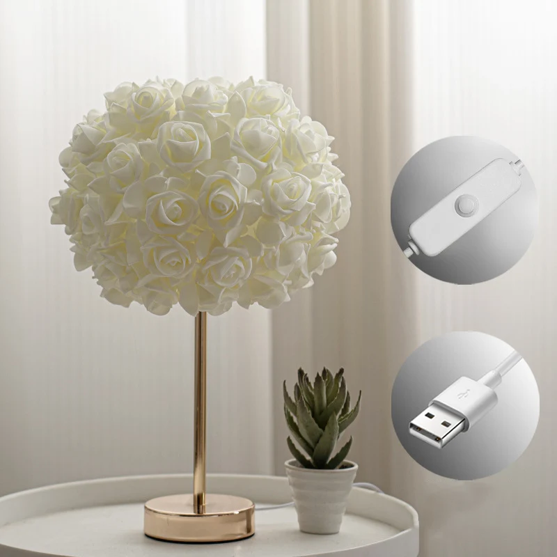 Contemporary Creative Romantic Rose Foam Iron 1-Light USB Table Lamp For Bedroom