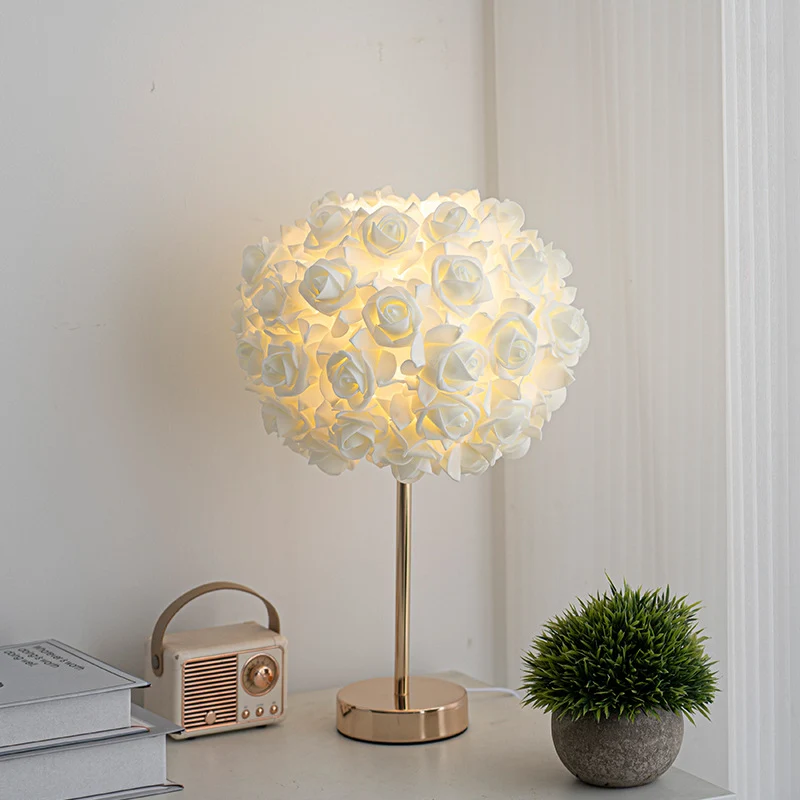 Contemporary Creative Romantic Rose Foam Iron 1-Light USB Table Lamp For Bedroom