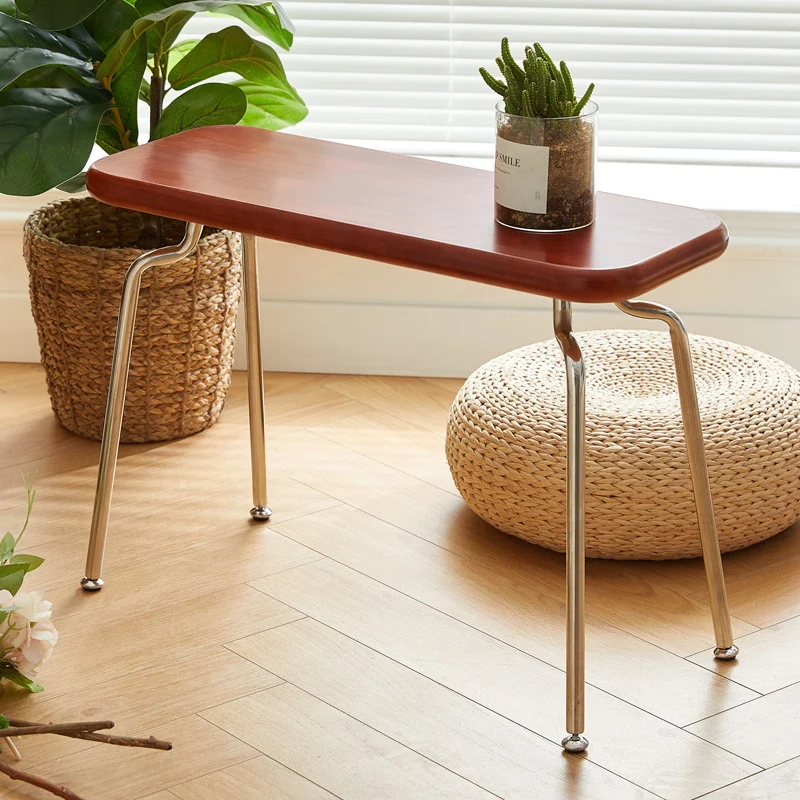 Modern Minimalist Rectangle Rubberwood Stainless Steel Backless Armless Bench For Entryways