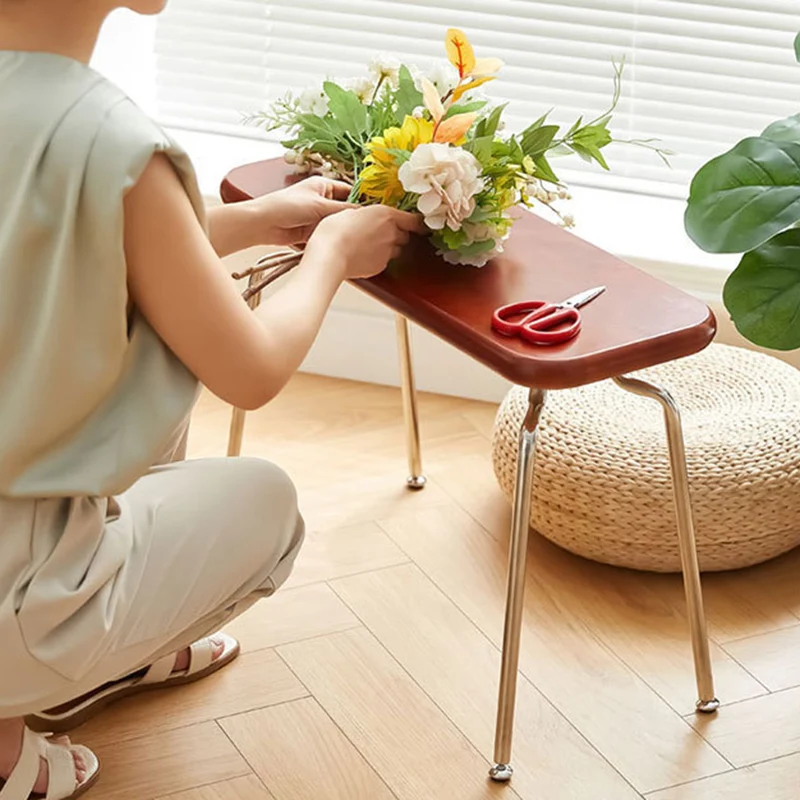Modern Minimalist Rectangle Rubberwood Stainless Steel Backless Armless Bench For Entryways