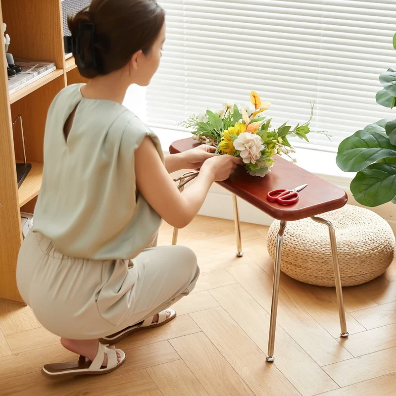 Modern Minimalist Rectangle Rubberwood Stainless Steel Backless Armless Bench For Entryways