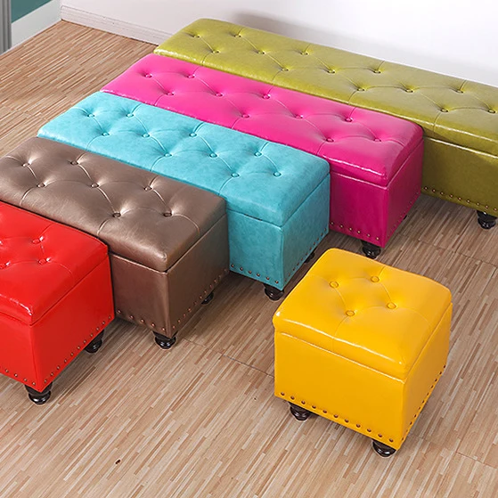 Contemporary Nordic Blockboard Faux Oil Wax Leather Upholstered Rectangular Storage Bench For Living Room