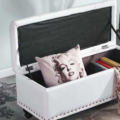 Contemporary Nordic Blockboard Faux Oil Wax Leather Upholstered Rectangular Storage Bench For Living Room