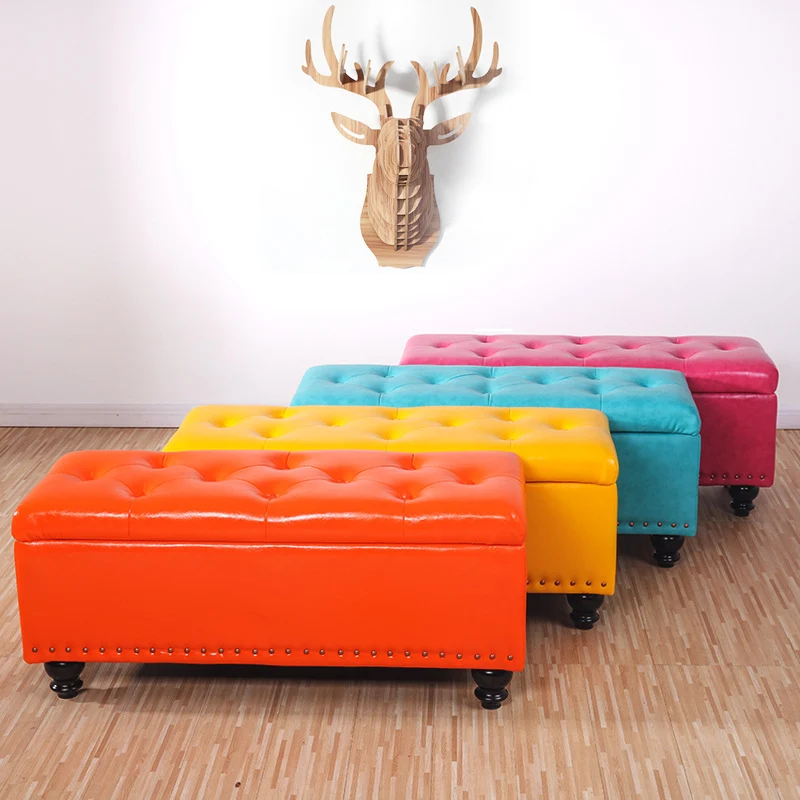 Contemporary Nordic Blockboard Faux Oil Wax Leather Upholstered Rectangular Storage Bench For Living Room