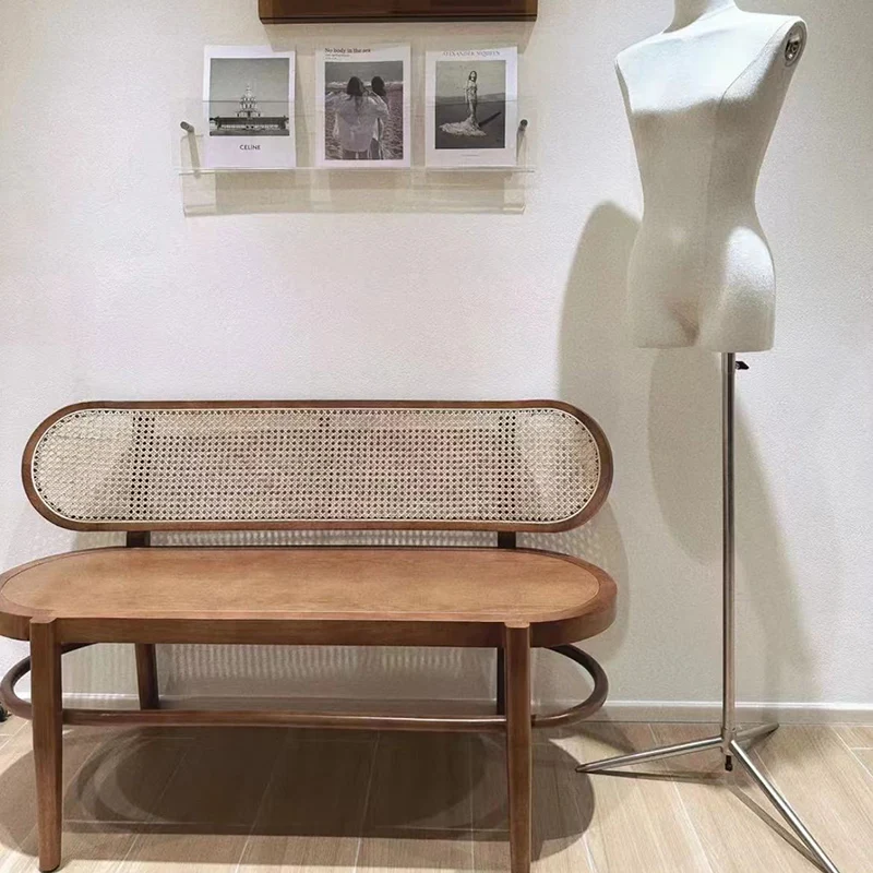 Contemporary Retro Rectangular Ash Wood Indonesian Rattan Bench For Entryway