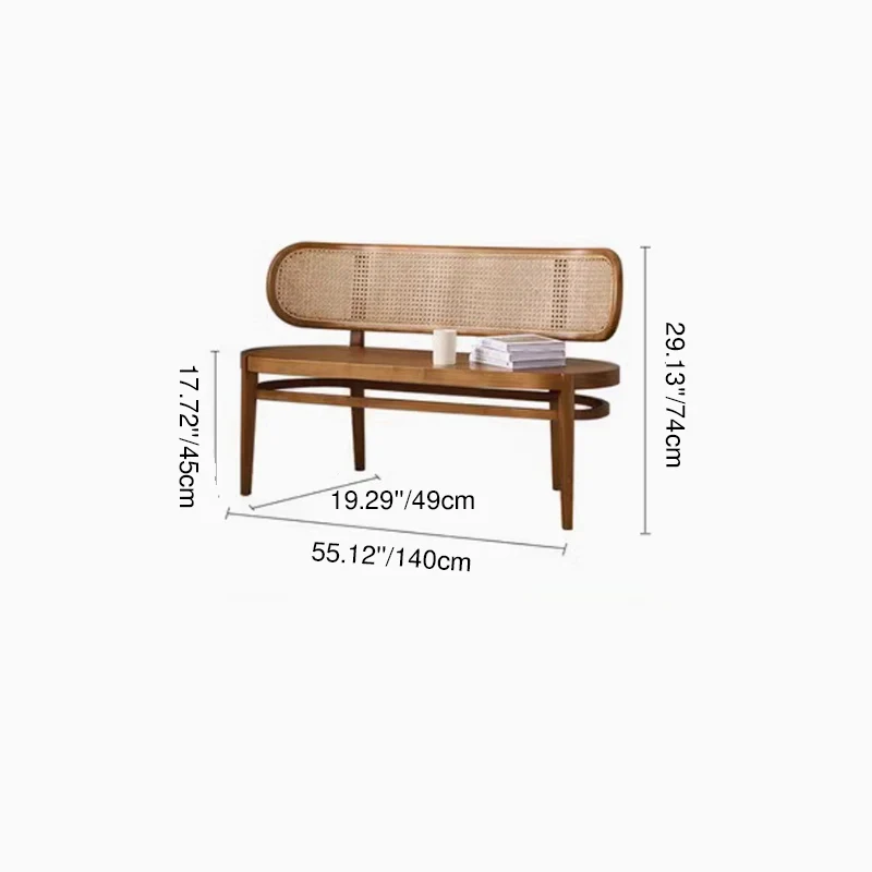 Contemporary Retro Rectangular Ash Wood Indonesian Rattan Bench For Entryway