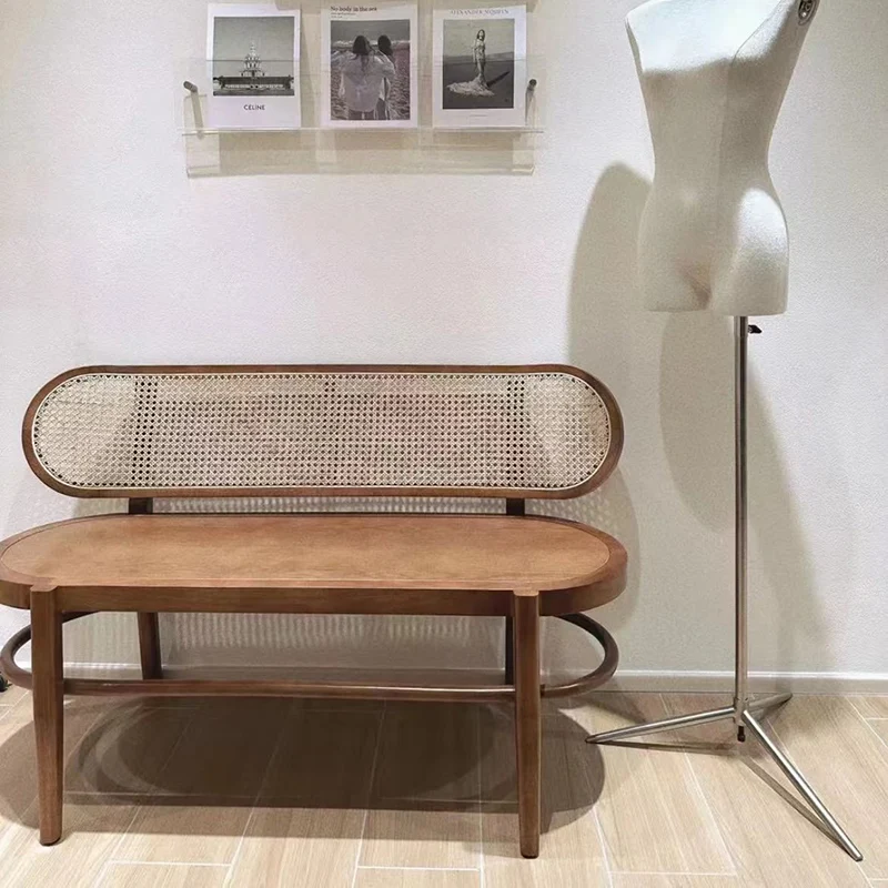 Contemporary Retro Rectangular Ash Wood Indonesian Rattan Bench For Entryway
