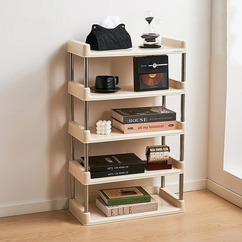 Contemporary Industrial Rectangular PP Plastic Stainless Steel Multi-Layer Storage Shelf 2/3/4/5-Tier For Living Room