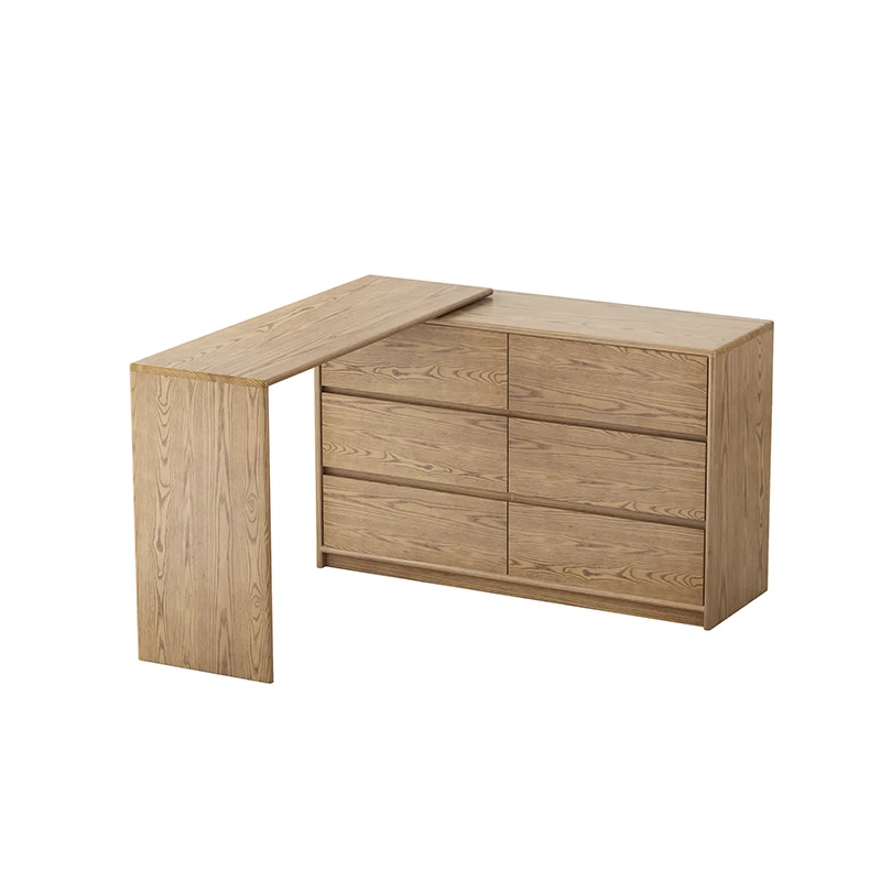 Modern Minimalist Solid Ash Wood Modular Desk With 6-Drawer Storage Cabinet For Home Office & Bedroom
