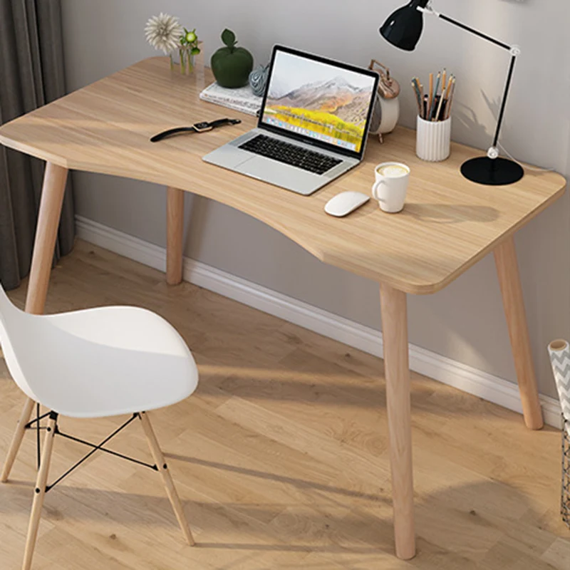 Contemporary Scandinavian MDF Solid Wood Curved Rectangular Desk 1-Tier For Home Office