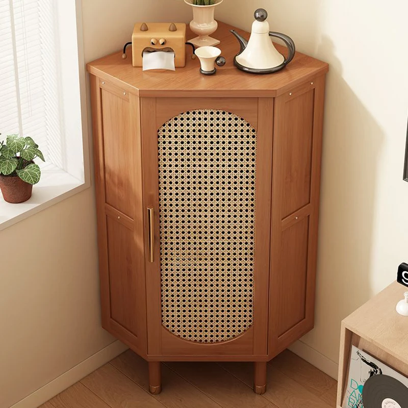 Modern Minimalist Triangle Rectangular Nan Bamboo Glass Fiberboard Weaving Corner Storage Cabinet 1-Drawer For Bedroom