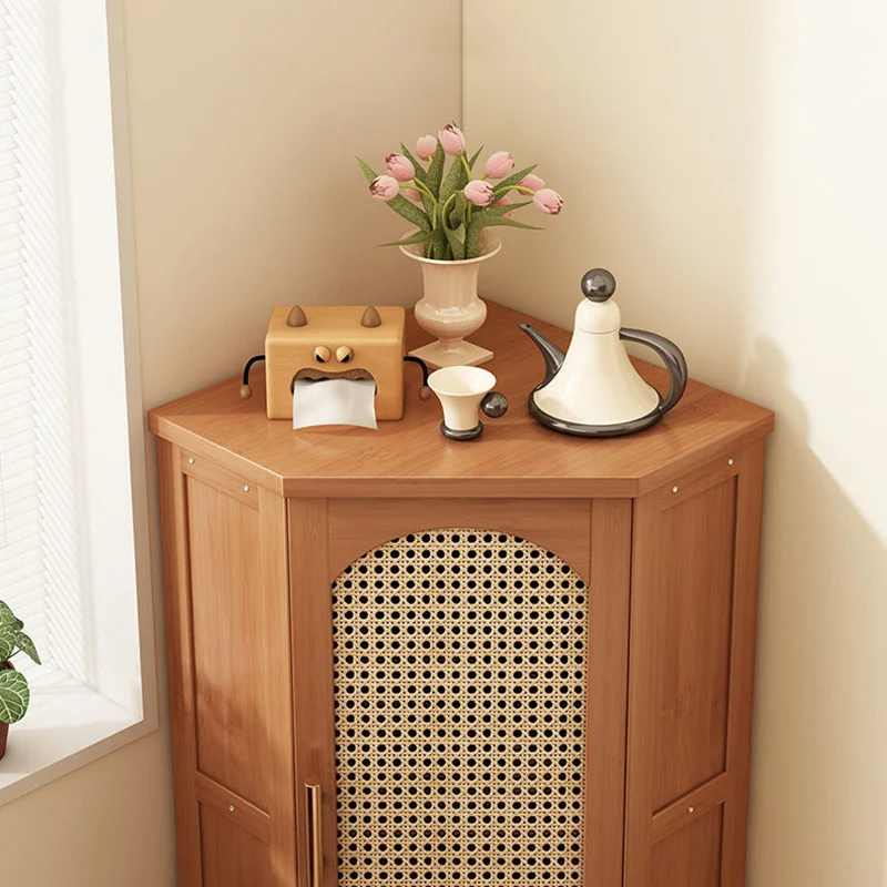 Modern Minimalist Triangle Rectangular Nan Bamboo Glass Fiberboard Weaving Corner Storage Cabinet 1-Drawer For Bedroom