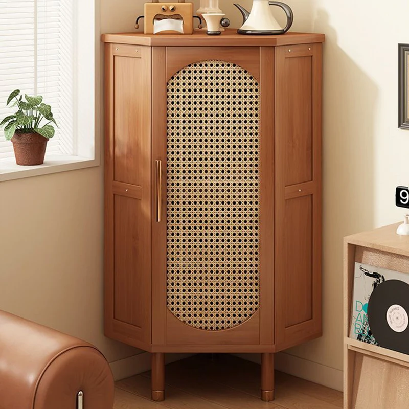 Modern Minimalist Triangle Rectangular Nan Bamboo Glass Fiberboard Weaving Corner Storage Cabinet 1-Drawer For Bedroom