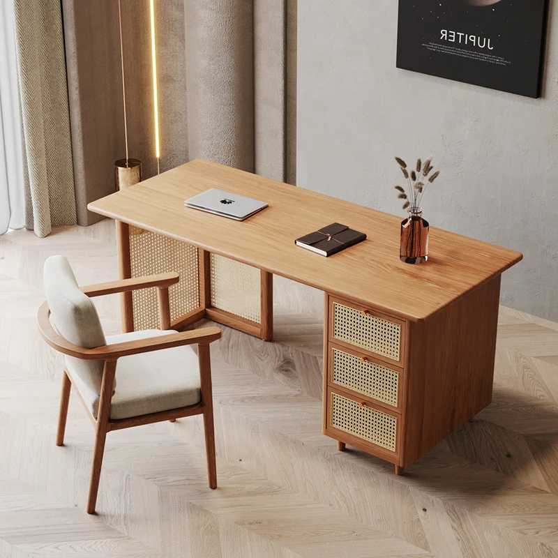 Traditional Japanese Weaving Imitation Rattan Wood Rectangular Desks 3-Drawer For Home Office
