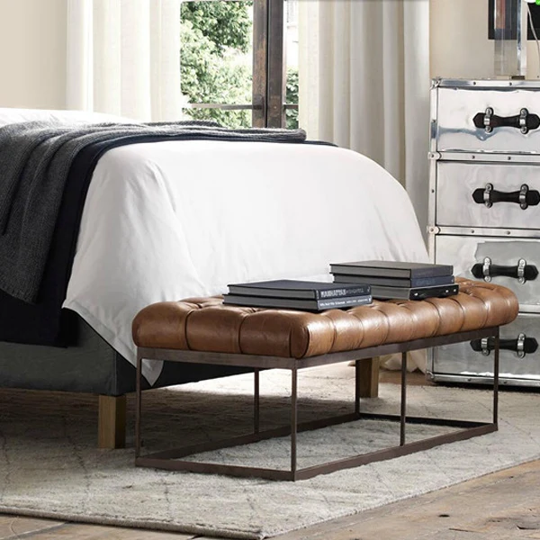 Contemporary Industrial Tufted Faux Leather Upholstered Iron Rectangular Frame Bench For Entryway