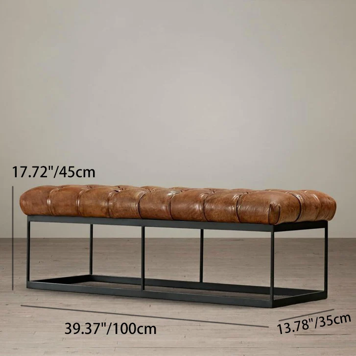 Contemporary Industrial Tufted Faux Leather Upholstered Iron Rectangular Frame Bench For Entryway