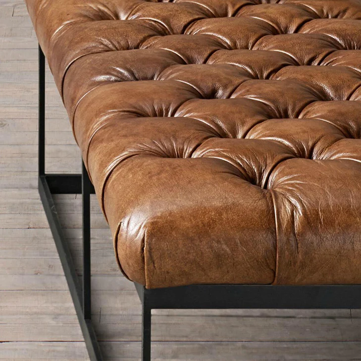 Contemporary Industrial Tufted Faux Leather Upholstered Iron Rectangular Frame Bench For Entryway