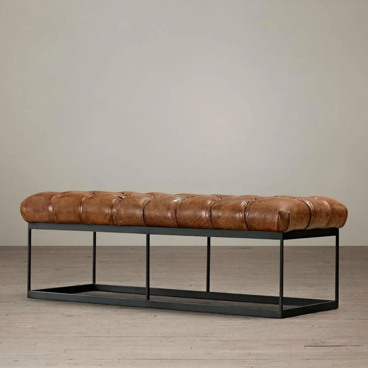 Contemporary Industrial Tufted Faux Leather Upholstered Iron Rectangular Frame Bench For Entryway