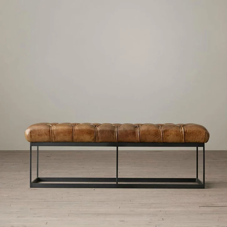Contemporary Industrial Tufted Faux Leather Upholstered Iron Rectangular Frame Bench For Entryway