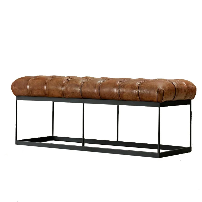Contemporary Industrial Tufted Faux Leather Upholstered Iron Rectangular Frame Bench For Entryway