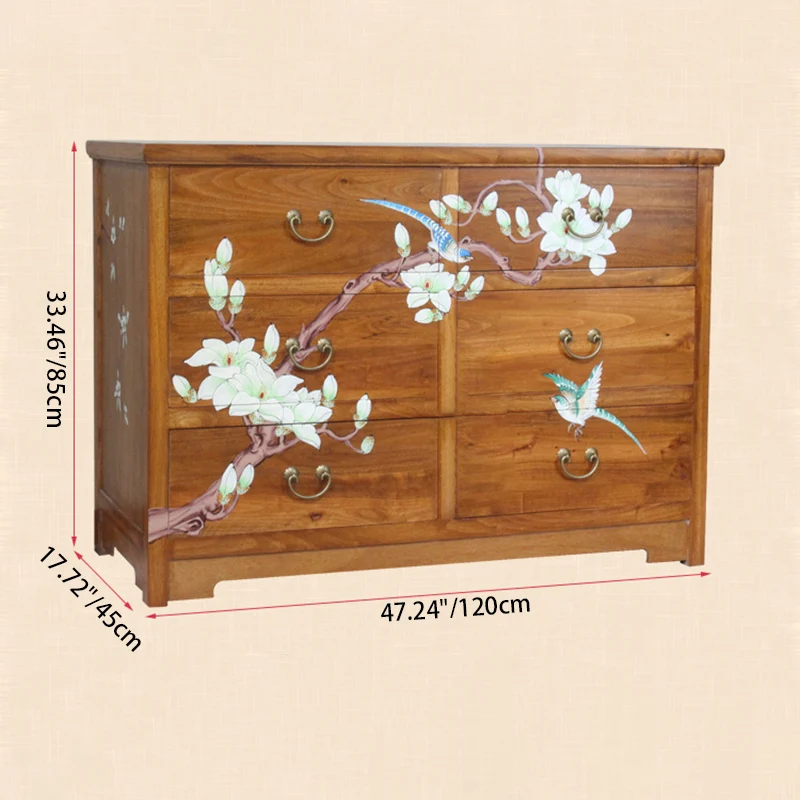 Traditional Chinese Camphorwood Rectangular Storage Cabinet With 6-Drawer For Living Room & Bedroom