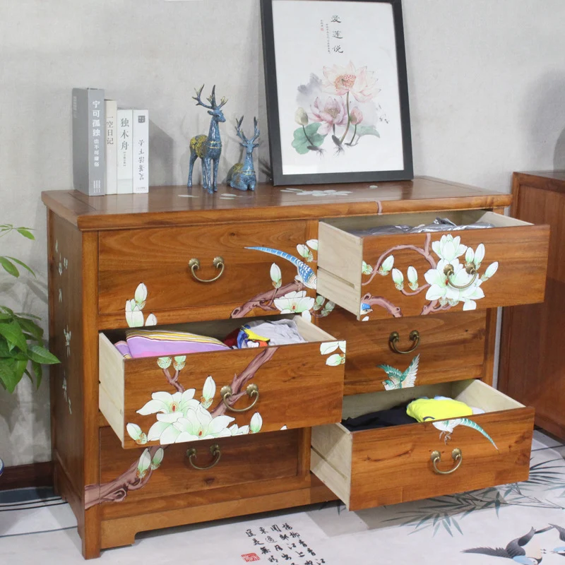 Traditional Chinese Camphorwood Rectangular Storage Cabinet With 6-Drawer For Living Room & Bedroom