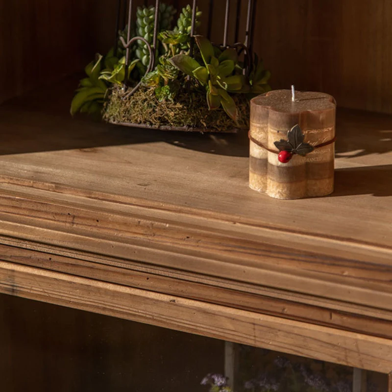 Traditional Rustic Rectangle Pine Wood Glass Storage Cabinet With 3 Cabinets For Living Room & Bedroom