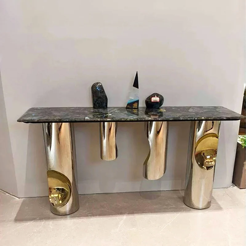 Contemporary Nordic Stainless Steel & Marble Rectangular Console Table With Single Shelf For Entryway, Living Room & Bedroom